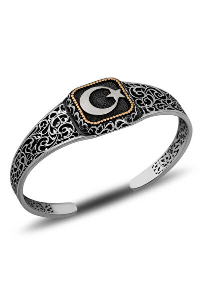 Aya Diamond Gümüş Ay Yıldız Ayarlanabilir Kelepçe Erkek Bileklik