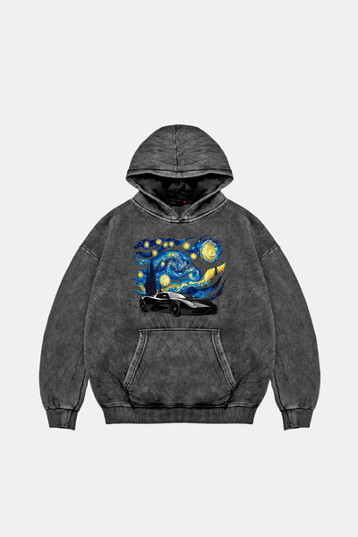 Bak Moda Starry Night Race cu imprimeu supradimensionat Hanorac negru lavabil...