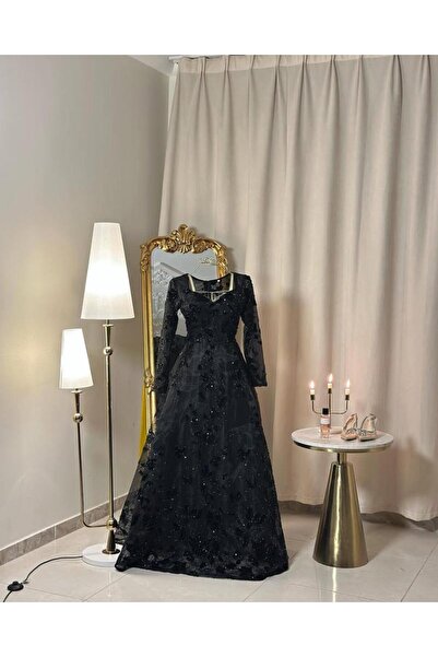 vanus fashion فستان اسود باكمام طويلة و تصميم فاخر 5539