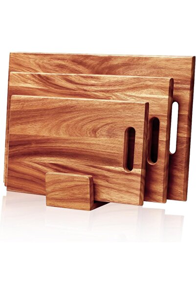 rmc Solid Aok Wooden Cutting Boards Set of 3 - Reversible with Handles & Stand