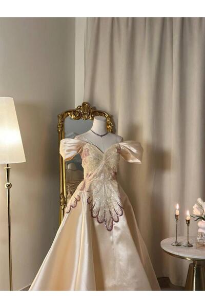 vanus fashion 6168- فستان سكري ملكي بتطريز لامع وتصميم أوف شولدر