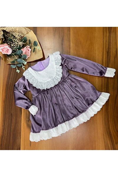 Mini Chics Lia Uzun Kol Kadife Kız Bebek Elbise