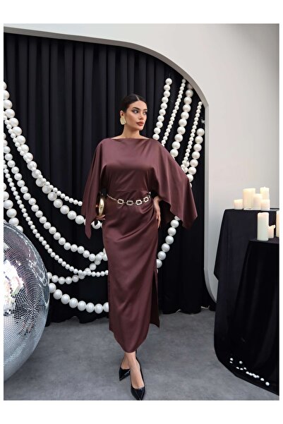 ESRAHELVACI Boat Neck Slit Satin Dress