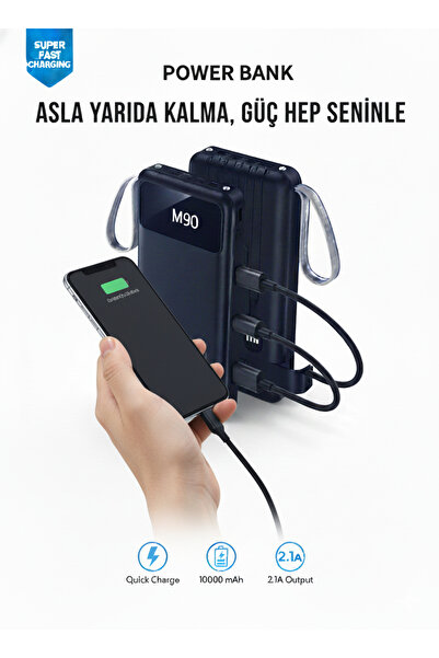 M90 Orjinal 10.000 mAh Kendinden Kablolu ve Telefon Standlı Şarj Göstergeli Siyah Taşınabilir Powerbank