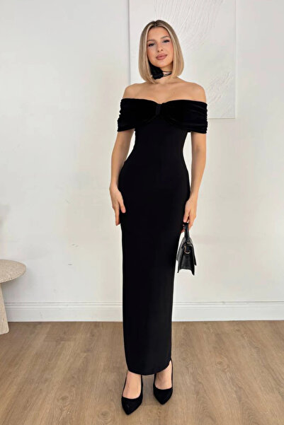 cemo Kadife Etekli Boyundan Bağlamalı Dantel/Jakar Uzun Abiye