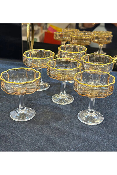 EVRA 6 ADET KRİSTAL BAL RENK CAM AYAKLI BAL RENK LÜSTERLİ KAHVE YANI LOKUMLUK SUNUMLUK MİNİ