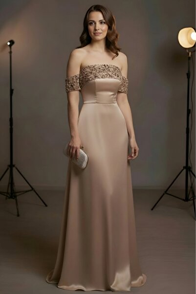 DADUCOLLECTİON Zarif işlemeli maxi uzun saten elbise