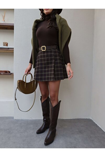 ESRAHELVACI Pleated Plaid Belted Mini Skirt