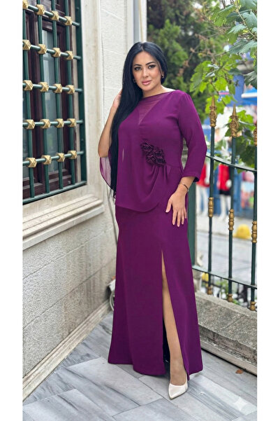 live forever فستان سهرة طويل شق بتفاصيل كاب شيفون غير متماثل مع إكسسوارات زهور