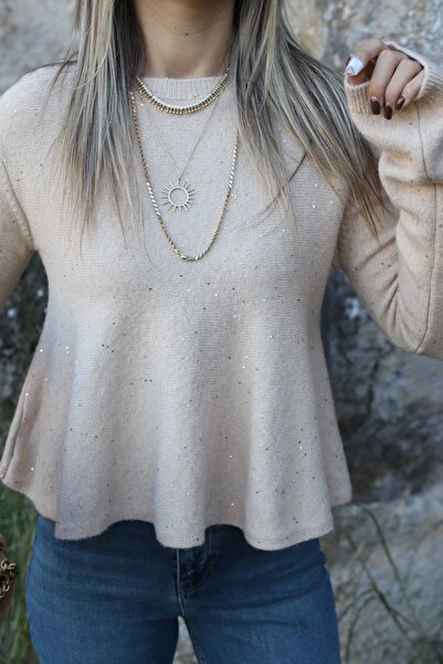 bytugcekaya Beige standard size long sleeve glitter sequin sweater