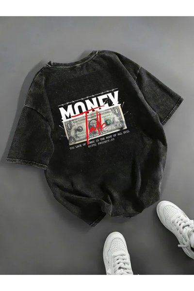 Freak Tshirt Black Color Money Printed Unisex Oversized Cut Washed Vintage T-Shirt