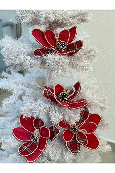 ADA HOME COLLECTION SHOP YILBAŞI AĞAÇ SÜSÜ BÜYÜK BOY 4 lü KIRMIZI EKOSE ÇİÇEK