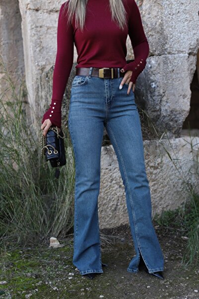 bytugcekaya بنطال جينز أزرق اللون شق فلير جين