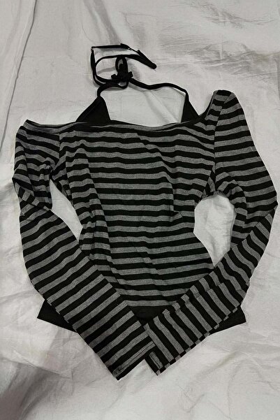 Karakedi Crop negru antracit gotic grunge cu mâneci lungi și umăr deschis