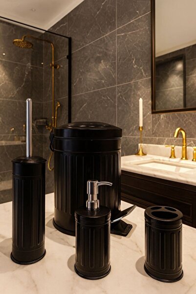 Davet 4-Piece Stainless Steel Trash Can Bathroom Set - Trash Can - Toilet Brush - Toothbrush Holder - Liquid Soap Dispenser