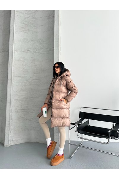 Fashionbox palton lung de damă, căptușit cu gel, rezistent la vânt, cu cu glugă fermoar, 25444