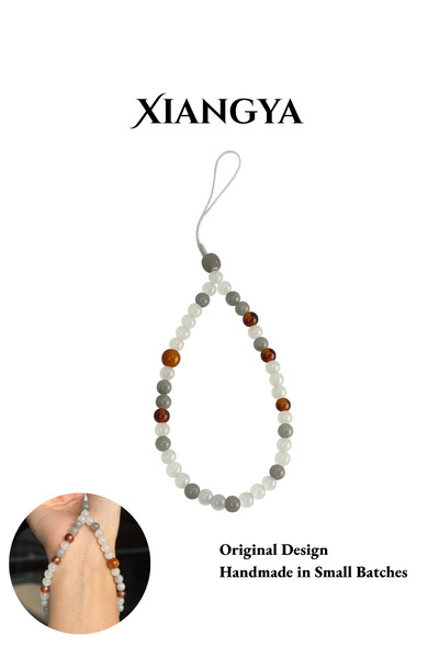 XIANGYA White & Gray Glass Bead Chain with Amber Accents & Chalcedony Beads f...