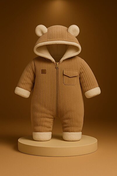 MYZİ STORE Βρεφική φόρμα κοτλέ με βελούδινη επένδυση και αυτιά αρκουδάκι, χειμερινή unisex