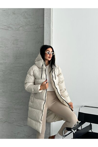 Fashionbox معطف نسائي طويل منتفخ مقاوم للماء والرياح مزود بـ بغطاء رأس سحابات 25444