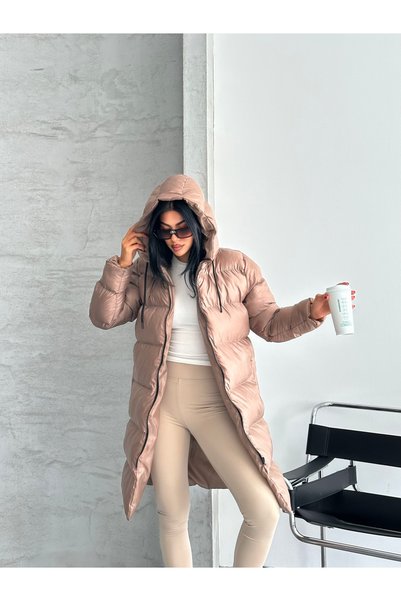 Fashionbox palton lung de damă, căptușit cu gel, rezistent la vânt, cu cu glugă fermoar, 25444