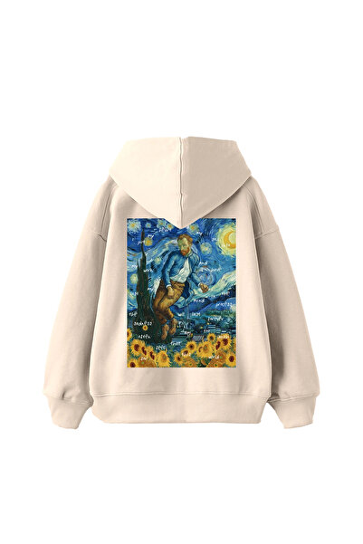 Bak Moda هودي فينسنت وورلد مطبوع قصة فضفاضة للجنسين باللون البيج