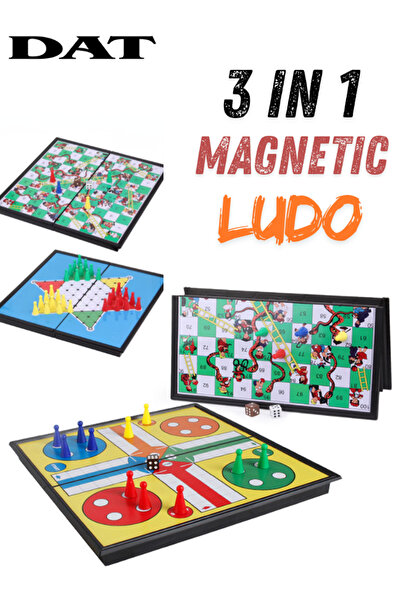 DAT 3-in-1 Magnetic Ludo Board Game Set with Snakes & Ladders and Chinese Checkers, Travel Folding Game