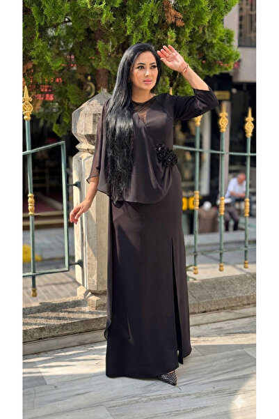 live forever Asymmetrical Chiffon Cape Detail Slit Long Evening Dress with Fl...