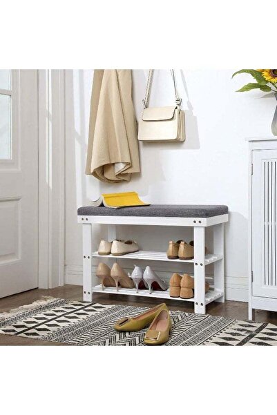 SONGMICS Bamboo Shoe Bench, 3-Tier Shoe Rack Organizer, Cloud White & Slate Gray