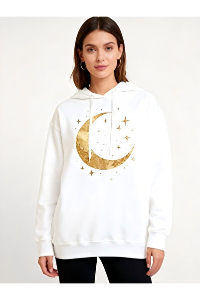 CozyhomeVIP Crescent Moon New Moon New Moon Print Women's White Hoodie