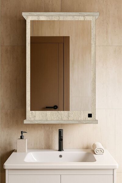 Orysa Design AD-2 Banyo Dolabı, Tek Kapaklı Lavabo Üstü Aynalı Banyo Dolabı - Traverten