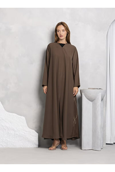 Nikias Abaya Brown soft crepe fabric with handwork on sides