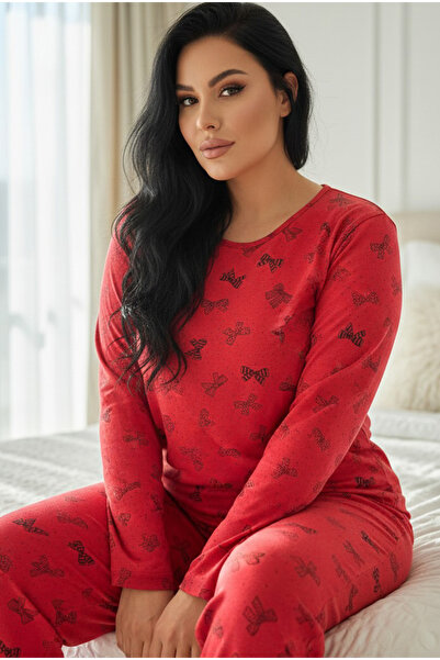 Siyah İnci kırmızı siyah fiyonk desenli Curve Büyük Beden Battal boy Pamuklu Pijama Takımı 7616