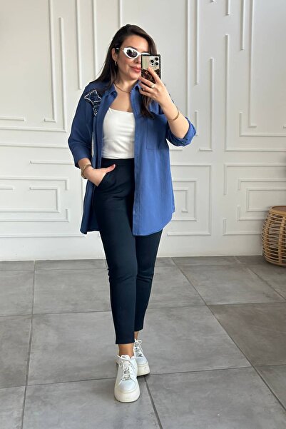 Yağmur Butik Cămașă cu broderie de mărgele de piatră și flori pe buzunar