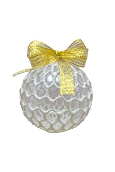 OEM Hand-crocheted Christmas bauble on plastic support, 8.5 cm, white with gold