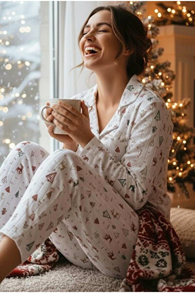 Siyah İnci Christmas Pattern Soft Touch Winter Corded Fabric Button Cotton Knitted Pajamas Suit 7980