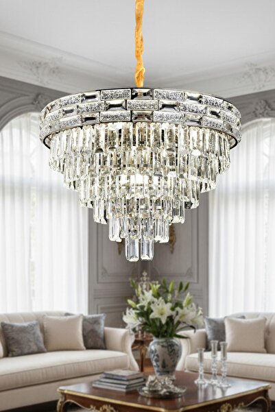 Ünal Aydınlatma Suyolu Krom 60 cm Kristal Taşlı Modern Avize – Salon ve Oturm...