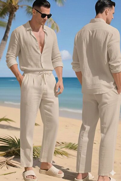 NO 601 Men's Beige Summer Muslin Shirt and Beige Pants Set