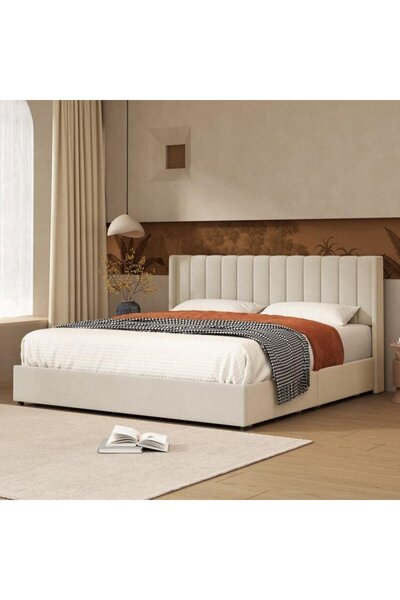 Abdo1996 سرير كوين مخملي بيج (منزل بسيط)