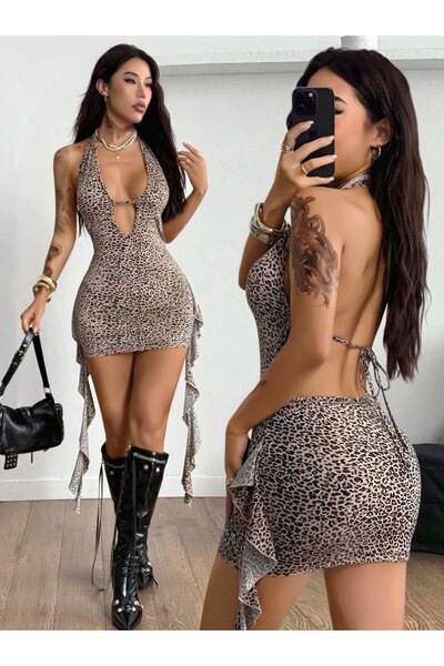 Qvien Secret Boyundan Bağlamalı Ve Sırt Dekolteli Leopar Elbise