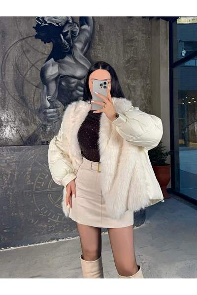 missswans Kimmi Önü Kürk Detay Balon Kol Boncuk Taş İşlemeli İthal Şişme Mont...