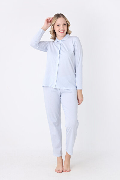 NBB 100% Cotton, Shirt Collar, Striped Women's Pajama Set, Button Front, Long Sleeve