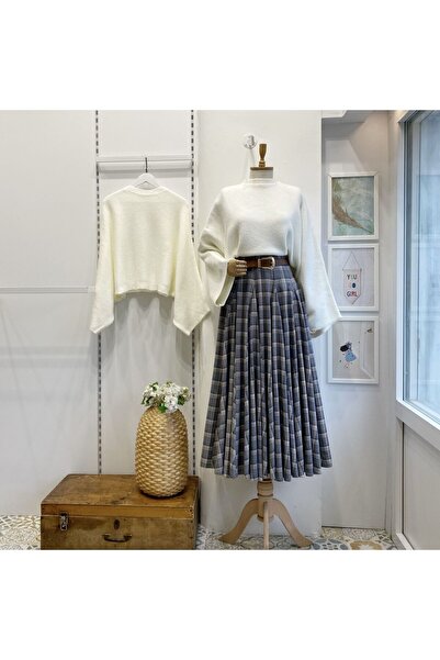 Faya Boutique Gri Deri Kemerli Ekoseli Grazia Etek