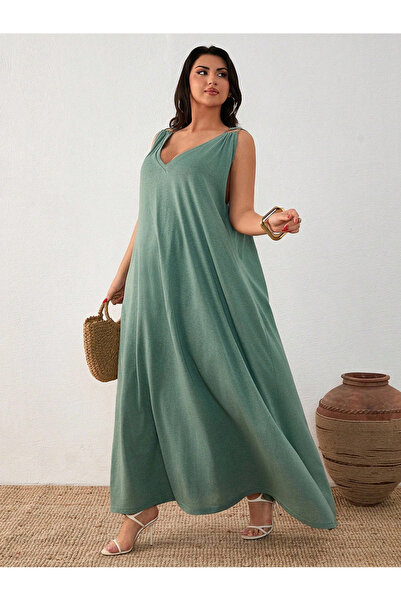 ModaSehle Kadın Büyük Beden Askılı Halka Detaylı Maxi Elbise