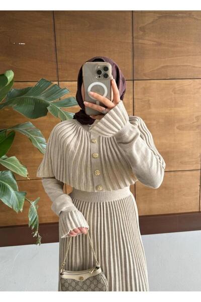 DAĞON'S DGN'S PELERİNLİ DÜĞME DETAYLI KADIN TRİKO PİLİSELİ ELBİSE