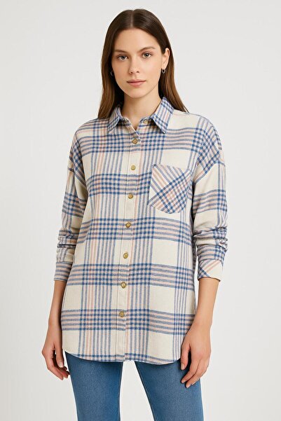 Nuevo Women's Blue Beige Plaid Patterned Long Sleeve Lumberjack Shirt with Po...