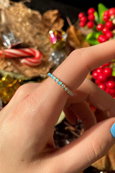 Spossy Silver Jewelry 925 Ayar Gümüş, 14 Ayar Gold, Mavi Opal Taşlı Tam Tur Y...