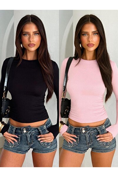 ÖZ PAMUK 2 Pcs Crew Neck Basic Long Sleeve Stretch Fabric Solid Blouse