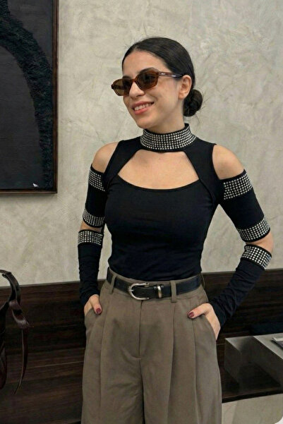 oshebu Bluză decoltată pentru femei guler ridicat cu pietre aplicate