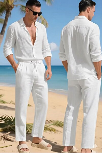 NO 601 Men's White Summer Muslin Shirt and White Pants Set