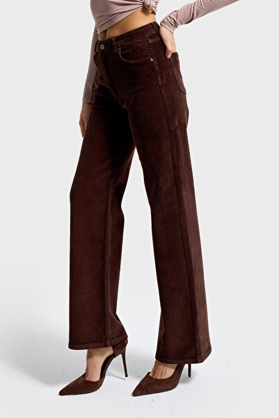 it's basic Women's Dark Brown 29W5-16 Straight Cropped Fit Elastane Velvet Fabric Trousers